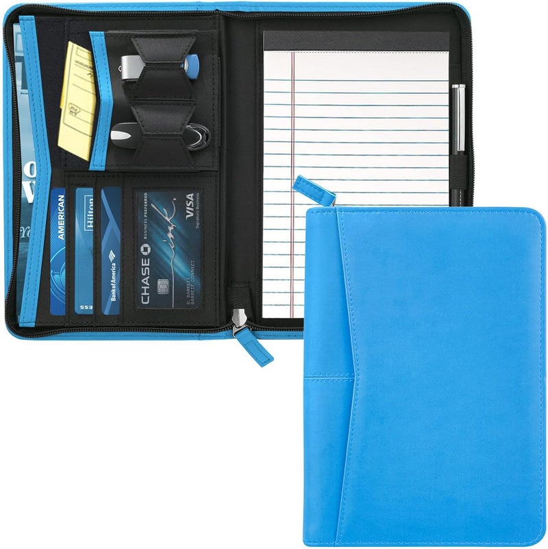 Gorbado Small Portfolio Organizer, A5 Zippered Business Portfolio, Junior Padfolio Folder Binder for Women & Men, 5 x 8 Writing Pad Included, Blue - Image 1